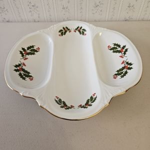 Kashima Christmas Holly Divided Dish, Gold Trimmed, Japan